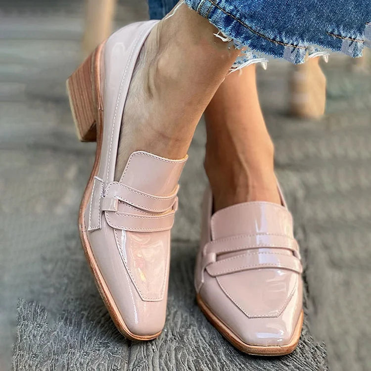 SHINY LOAFERS WITH WIDE HEEL